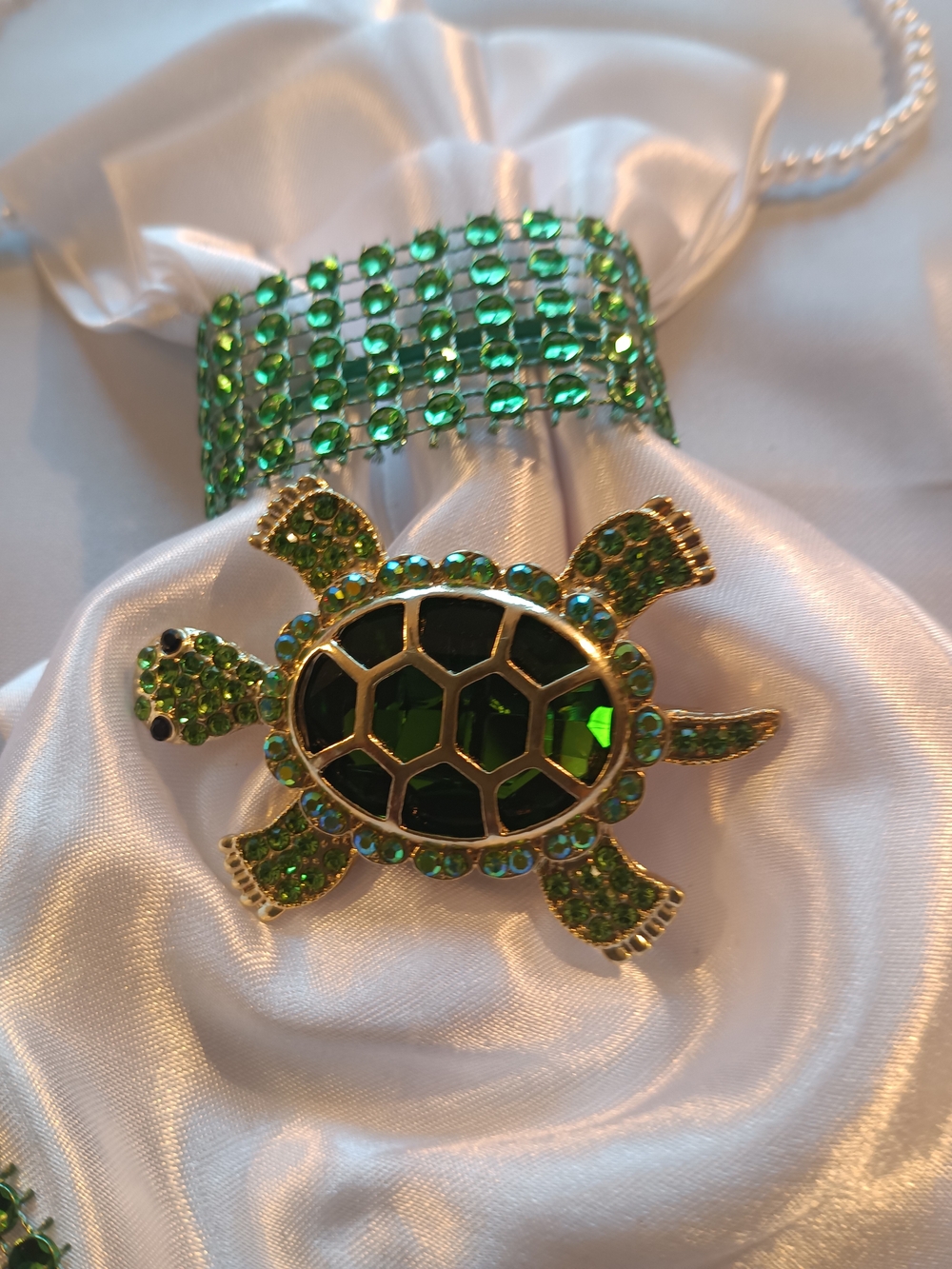 Green Crystal Turtle Brooch with Matching Cuff